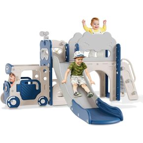 Babytronic Toddler Slide Set, 8 in 1 Kids Indoor Slide for Age 1-3, Indoor Outdoor Toddler Playground with Basketball Hoop and Telescope, Baby Indoor Slide Playset, Blue&Red