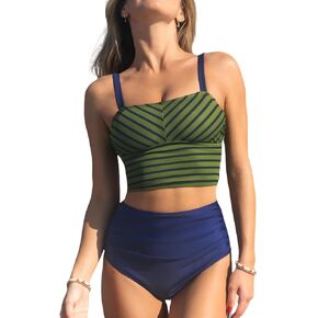 CUPSHE Women's Tankini Sets Square Neck Elastic High Waisted Two Piece Bathing Suits Adjustable Straps Swimwear
