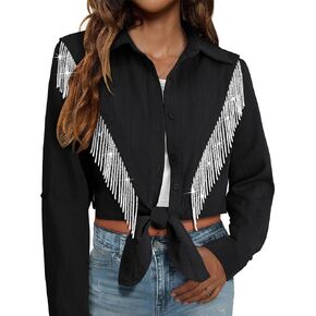 Mymore Womens Rhinestone Fringe زر اقتصاص أسفل القميص المتداول 3/4 الأكمام التعادل الأمامي أعلى Western Western Cowgirl Rodeo