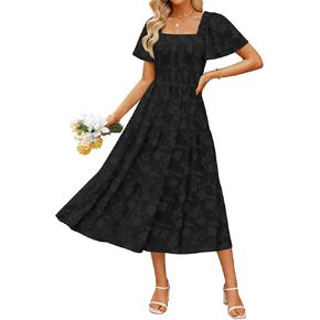 ZESICA Women's Summer Boho Floral Midi Dresses 2025 Casual Short Sleeve Square Neck Flowy Beach Vacation Long Dress