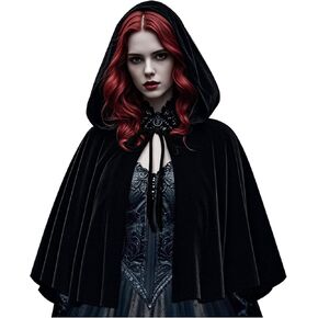 L'VOW Women's Black Cloak with Hood Medieval Velvet Hooded Cape Renaissance Short Christmas Cape