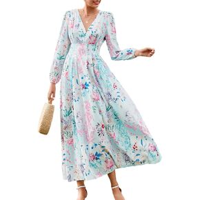 Women's Long Sleeve Boho Maxi Dress Floral Print Long Dress Pink Print
