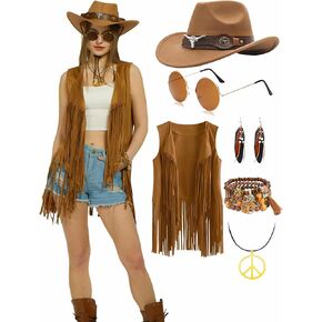 6 PC Cowgirl Western Outfits for Women Retro Cowgirl Costumes Fringe Vest Cow Girl Hat for Women Country 70s Hippie Outits