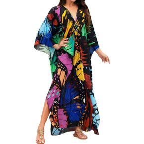 MAKABO Kaftan Dresses for Women, V Neck Moo Moos Colorful Print Cover Ups Caftan Beach Dresses for Swimwear in Kuwait