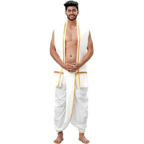 Chandrakala readymade Pocket Dhoti و Angavastram مع الحدود الذهبية للرجال (MK116-P)