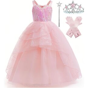 Xefenki Good Witch Glinda Costume Dress for Girls Halloween Cosplay Withits with Crown Magic Wand and Gloves