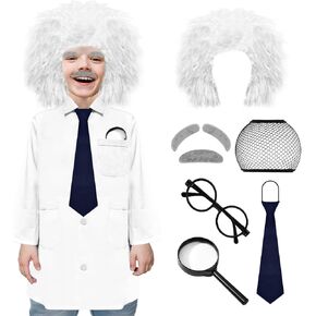 Kids Mad Scientist Costume 9 Pcs Set With Wig 100th Day of School Old Man Albert Einstein Costume for 5-14 Years