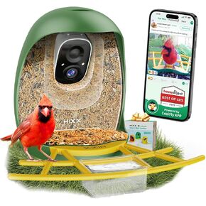 Hixx® Smart Bird Reserive مع الكاميرا ، وكاميرا مراقبة الطيور مع الذكاء الاصطناعى تحديد أنواع الطيور ولوحة الطاقة الشمسية ، والتقاط فيديو الطيور التلقائي وإخطارات فورية ، وجنبية الطيور لعشاق الطيور ، والأخضر