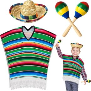 Pasimy 4 PCS Fiesta Poncho و Sombrero مجموعة الزي المكسيكي للطفل الصبي والفتاة Cinco de Mayo Costum