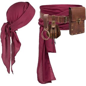 KOTORA Pirate Costume Pirate Head Scarf Bandanas Belt Waist Sash Medieval Belt Pouch Coin Purse Leather Hook Festival Sets