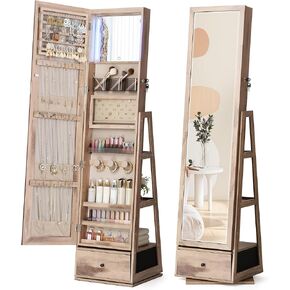 Nicetree 360° Swivel Jewelry Cabinet with Lights, Touch Screen Vanity Mirror, Rotatable Full Length Mirror with Jewelry Storage, Standing Jewelry Armoire Organizer, Foldable Makeup Shelf, White