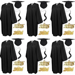 6Pcs Graduation Cap and Gown with Matching Tassels 2024 2025 Year Charms Unisex Matte Set for High School University