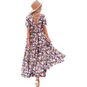 YESNO Summer Casual Bohemian Floral Dresses for Women Puff Short Sleeve Long Maxi Dress with Pockets ETX