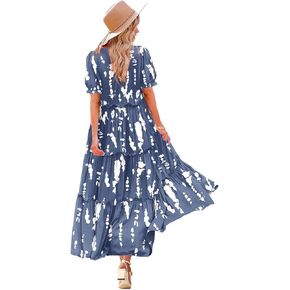 Yesno Summer Summer Disual Bohemian Floral Dresses for Women Puff Short Sleeve Long Maxi Dress مع جيوب Etx in Kuwait