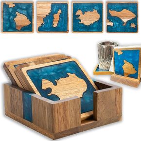 4Pcs Drink Coaster Set with Napkin Holder Conversion Base Acacia Wood with Unique Resin Dinosaurs Design for Kinds of Cups Tabletop Protection and Decor for Coffee Table Ideas for Gifts