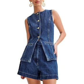 Women's Denim 2 Piece Set Casual Business Sleeveless Jean Blazer Vest Tops and Shorts Outfit Tracksuits