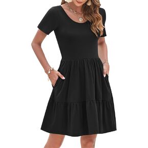 AUSELILY Women Summer Dress Casual Short Sleeve Crew Neck Mini Dresses Beach with Pockets