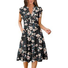 anrabess المرأة الصيفية فستان الكشكش الأكمام v الرقبة midi فساتين الأزياء غير الرسمية flowy tiery boho الشاطئ
