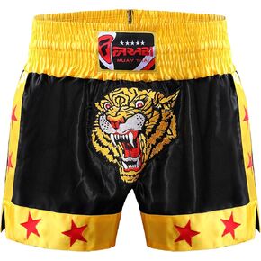 Farabi Sports Muay Thai Shorts Kickboxing MMA Boxing Training Shorts (US, Alpha, Large, Regular, Regular, Black/Gold)