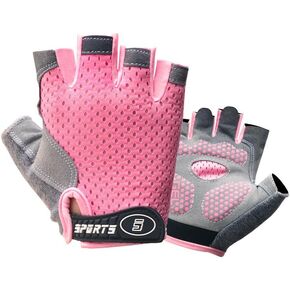 Pink Half Finger Kids Cycling Gloves Non-Slip, Padded, Antislip, Fingerless Kids Bike Gloves for Boys and Girls Age 5~9