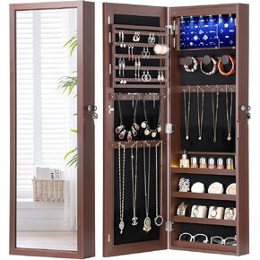 Nicetree 6 LEDs Mirror Jewelry Cabinet, Large Capacity Lockable Jewelry Armoire Organizer, Door or Wall Mounted Mirror with Jewelry Storage, Christmas Gifts, White