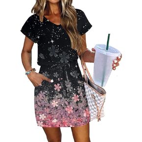 AUSELILY Women's Summer Dress 2025 Short Sleeve Tshirt Drawstring Waist Beach Cover up Casual Mini Short Dresses