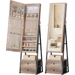Nicetree LED Jewelry Cabinet Armoire مع درجتين ، خزانة مجوهرات مرآة قابلة للقفل ، مرآة كاملة الطول مع تخزين المجوهرات ، هدايا عيد الميلاد ، أبيض