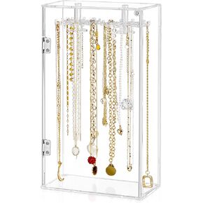 Necklace Holder, Acrylic Jewelry Organizer with 24 Hooks, Rotation Clear Necklaces Pendant Display Case Stand, Dust-proof Velvet Tray Hanging Rack Storage for Earrings Rings