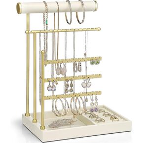 VLANDO Jewelry Stand منظم مع حامل خاتم ، منظم حامل المجوهرات مع صينية ، حامل قوسين حامل قلادة حامل - أبيض