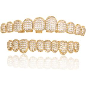 Grillz Hip-Hop 18K Gold Teeth Grillz Grills Inlaid with shiny zircon Rap Accessory Teeth Braces personality Halloween＆Christmas Wear - Comes With Tweezer & Dental Wax