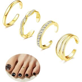 4PCS 14K Gold Plated Toe Rings, White Gold Plated Toe Rings for Women Hug CZ Triple Twist Simple Band Open Toe Rings Beach Foot Jewelry Adjustable