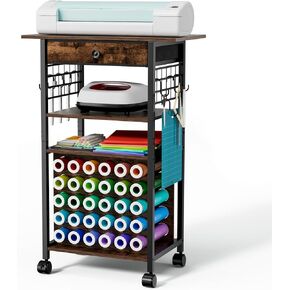 Craft Cart and Organizer Table متوافقة مع Cricut - Cricut - Rolling Storage Cart/الرف مع 30 من حاملي لفائف الفينيل ، ودرج نسيج واحد ، وحامل الملحقات ، وخطاف الأداة لـ Craft Room Home ، Office （White）
