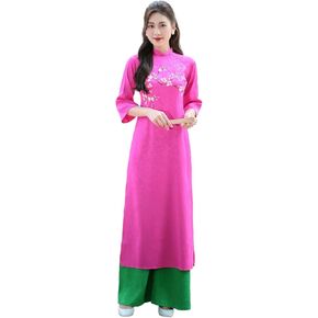 Magenta Mai التطريز GAM AO DAI Set W/Emerald Green Gam Pants