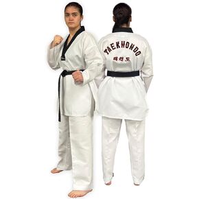 Daedo Taekwondo Uniform - Black Neck, WT Recognized, Ribbed Polyester, Includes Pants & Top with Embroidered Taekwondo