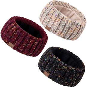 Winter Headbands for Women 3 Pack, Ear Warmers for Women Headband Wool Knit Thick Fleece Lined, Cold Weather Warm Ear Muffs