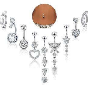 9PCS Belly Button Ring Dangle Stainless Steel Belly Rings 14G 1.6MM Belly Piercing Cute Navel Ring Piercing Jewelry Belly Ring for Women