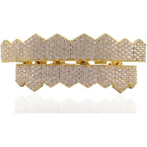 Grillz street Hip Hop personality Gold Shiny Copper gold-plated teeth Grillz Vampire fangs Grills Daily wear Halloween and Party Unisex - Comes With Tweezer & Dental Wax