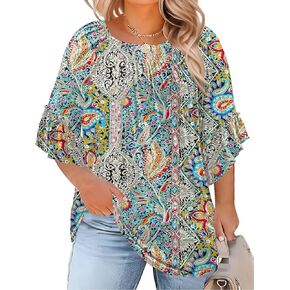 Micoson Womens Plus Tops 3/4 Shulfe Sleeve Derts Crewneck Blouses Blouses Tucty Tunic Tup (1x-5x)