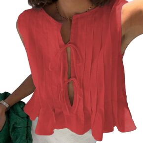POHADON Womens Y2k Vest Tank Tops Cute Ruffle Cotton Linen Tie Front Shirt Going Out Pleated Summer Cute Lace Up Clothes