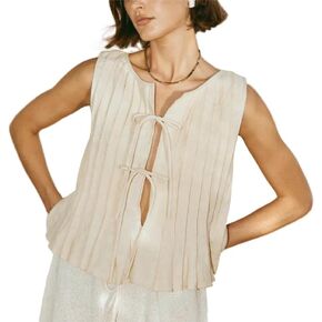 POHADON Womens Y2k Vest Tank Tops Cute Ruffle Cotton Linen Tie Front Shirt Going Out Pleated Summer Cute Lace Up Clothes in Kuwait