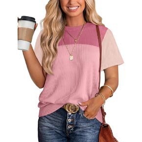WIHOLL Womens Fashion 2025 Color Block Shirts Short Sleeve Crewneck Knitted Spring Summer Tops Casual Trendy