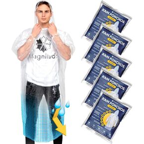 Magnitudo 5Pcs Rain Ponchos For Adults - Clear Thick Disposable Raincoat Waterproof With Hood And Elastic Sleeves For Men And Women