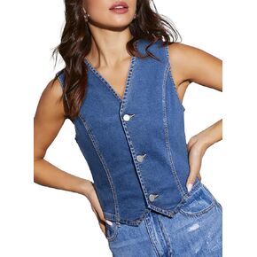 Sidefeel Women's Denim Vest Olcyfeless v Neck Zimbaplatinum Jean Vest Top Button أسفل المحصول
