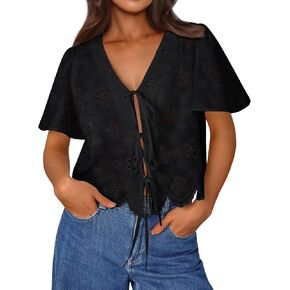 Trendy Queen Womens Tie Front Tops Summer Beach Vacation 2025 Fashion Outfits Short Sleeve Blouses Eyelet Embroidered Clothes