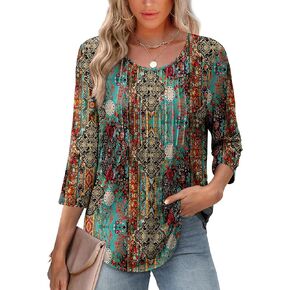 XIEERDUO 3/4 Length Sleeve Tops for Women 2025 Crewneck Casual Pleated Tunic Tops Loose Fit Shirts Blouses