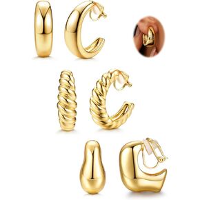 Gold Clip on Earrings for Women Hypoallergenic - 14K Gold Plated Chunky Tube Croissant Waterdrop Clip-on Hoop Earings Set Fake Non Pierced Ears Jewelry Trendy Gold/Silver 3-Pair