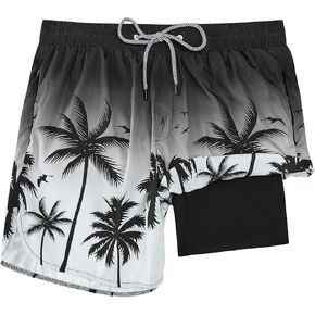 Mens Swim Trunks with Compression Liner 5" Stretch Board Shorts Quick Dry Zipper Pockets 2 in 1 Mens Bathing Suits