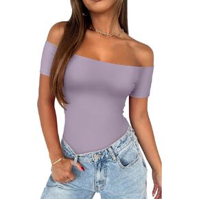 REORIA Women Sexy Off The Shoulder Short Sleeve Backless Basic Double Lined Thong Bodysuit Tops