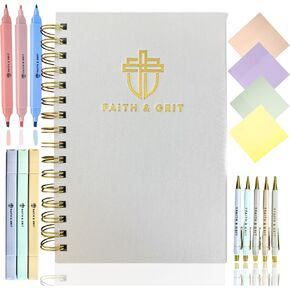 FAITH & GRIT - Boutique Bible Study Supplies or Bible Journal Kit with Tools for Note Taking That Include Bible highlighters, Luxury pens, Transparent Sticky Notes, and A5 Linen Linen Journal (Pink) in Saudi Arabia