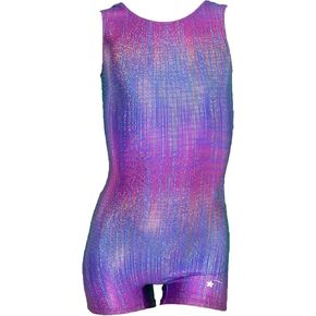 Destira Rainbow Blaze Gymnastics Unitard for Girls, Vibrant Biketard w/Colorful Shimmering Foil Finish & Matching Scrunchie